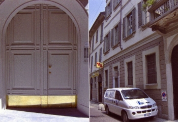 Portone carraio laccato ral + Griglie pino lamellare laccato ral con stecca normale